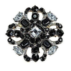 Vintage Black & Clear Rhinestone Brooch Pin With Ornate Silver-Tone Filigree